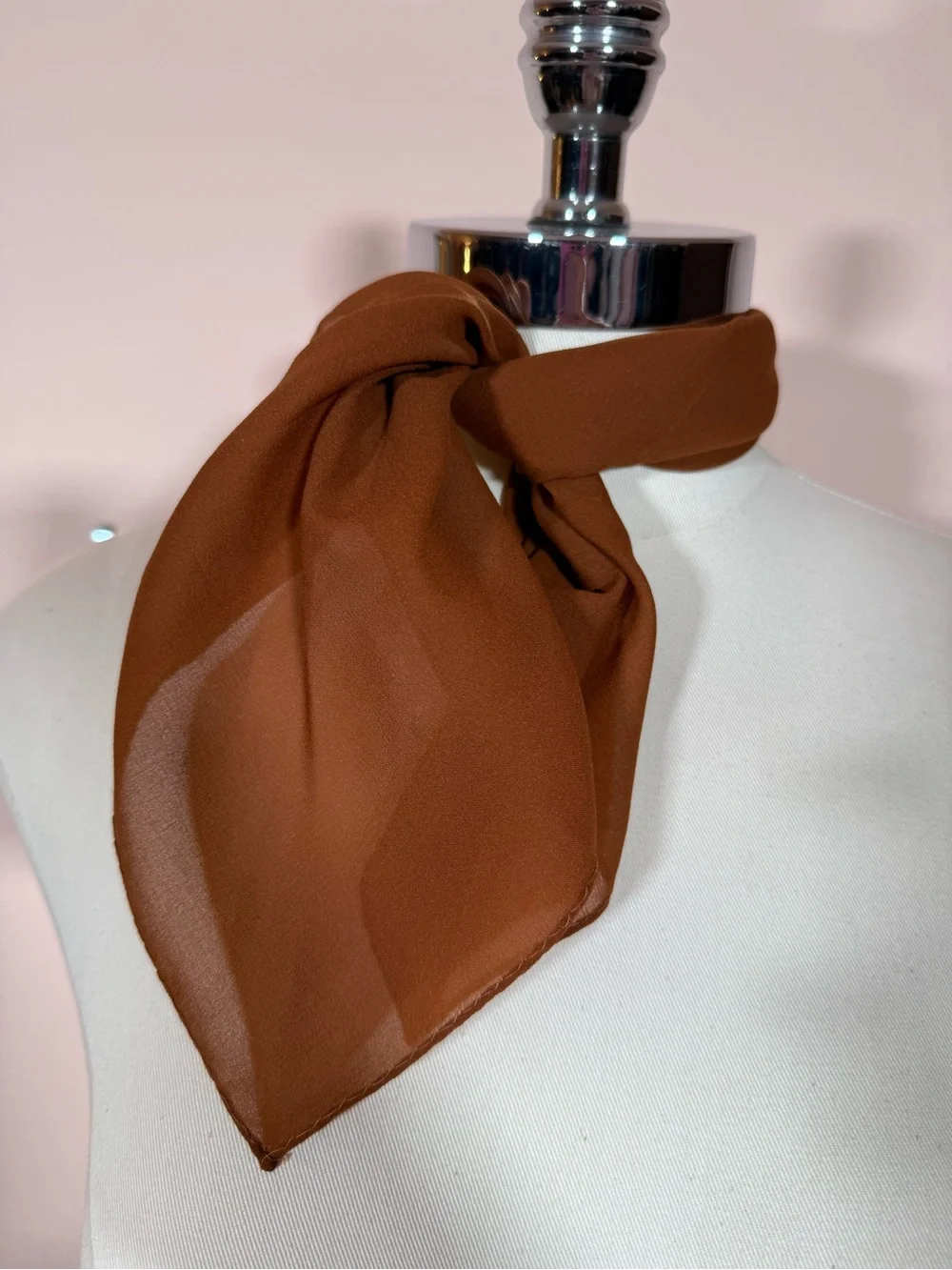 Vintage minimalist semi sheer rust brown rolled edge square scarf cravat EUC